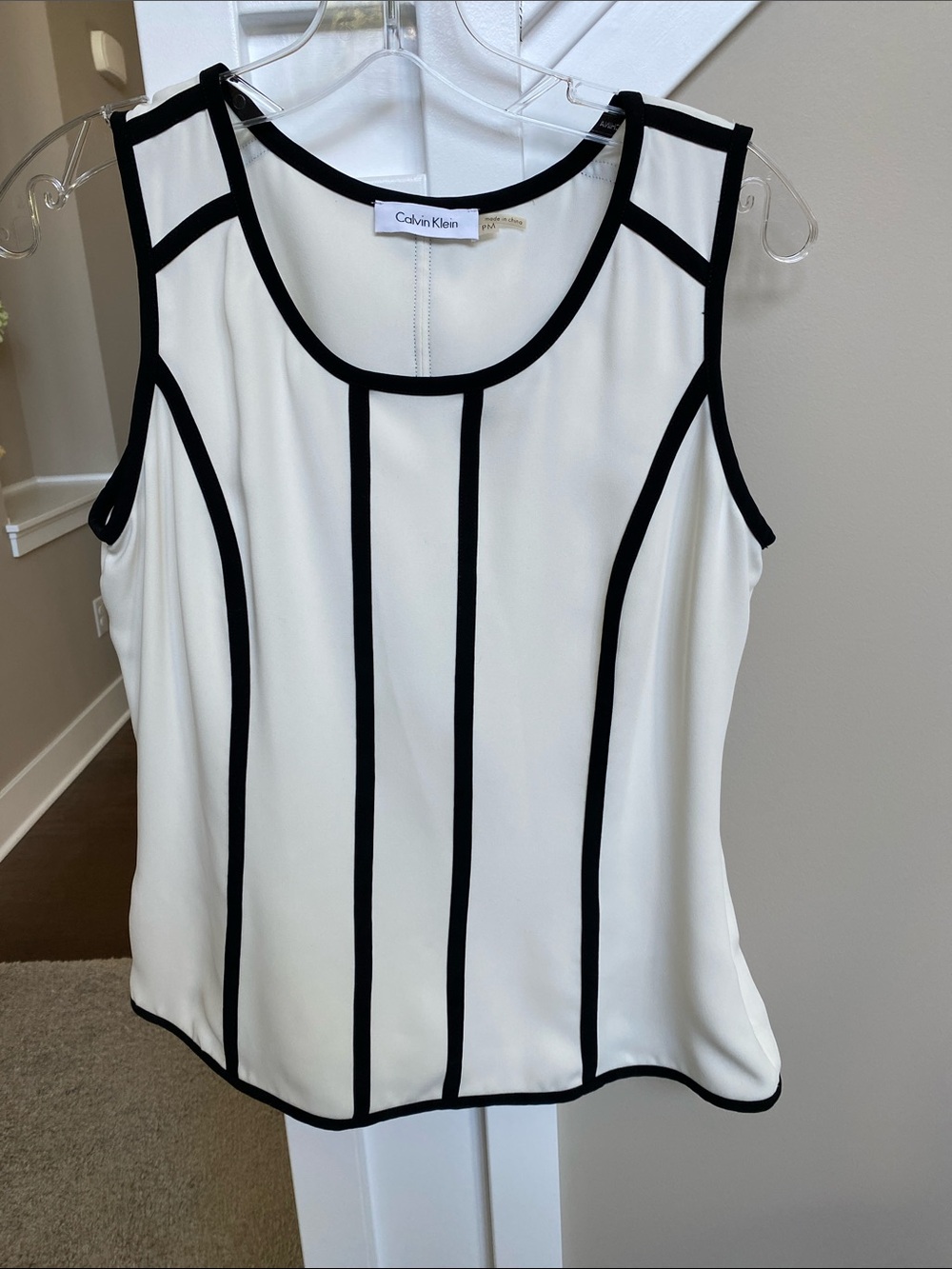 Calvin Klein White Sleeveless Tank with Black Piping